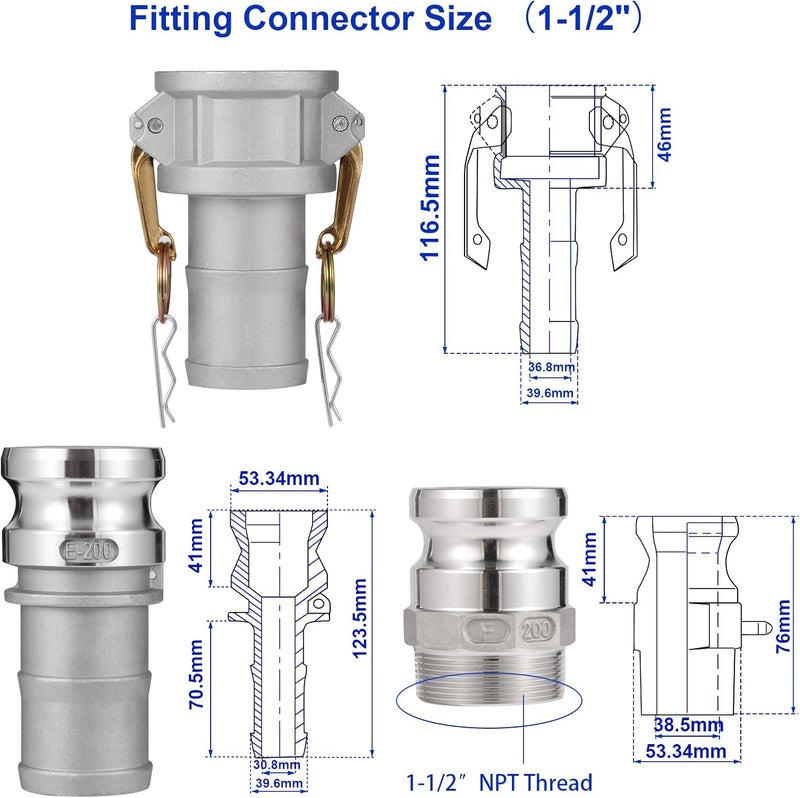 NetLea Heavy-Duty Pool Backwash Hose,1-1/2 inchx50Ft Professional Reinforced Leakproof Design with Aluminum Camlock C/E Fittings,Type 1.5Inch F Fitting include,Dual Drawstring Stainless Clamps Locked - Image 2
